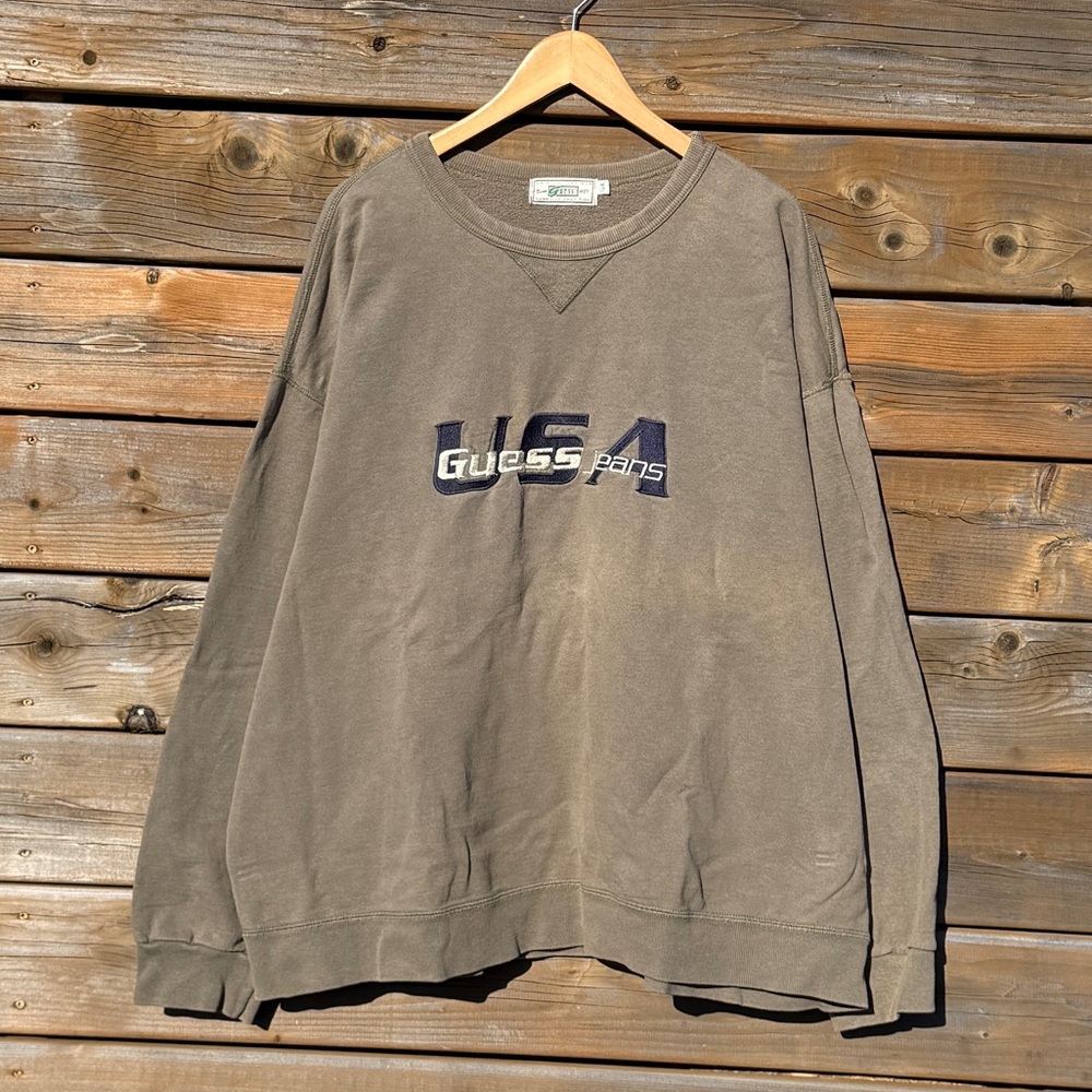 Vintage Guess Men's Crewneck Sweater - Olive Green